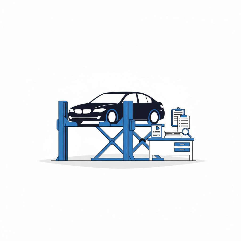 Minimalist vector of a sedan on a lift with vehicle history report and invoices on a bench representing a bmw 540i for sale inspection