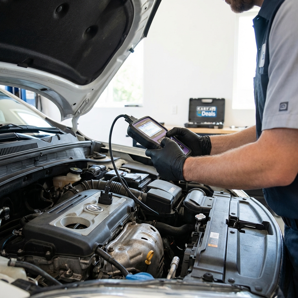 Mechanic performing diagnostic scan under the hood of a compact SUV focusing on handheld scanner and engine bay used toyota rav4 for sale
