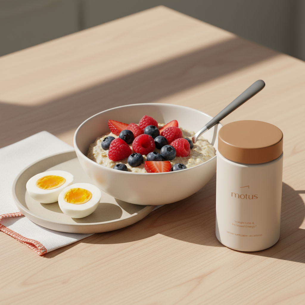Tonum Motus jar beside protein oatmeal with berries and boiled eggs on wooden table in soft morning light — lose belly fat fast