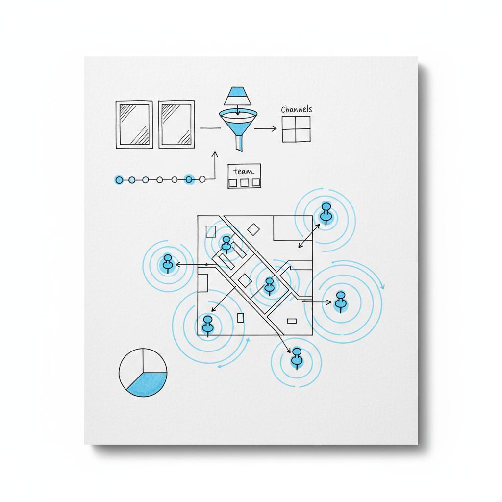 Notebook-style top-down sketch of a local map with annotated pins for micro-neighborhood PPC targeting and simple ad mockups, white paper background, dark ink and blue accents