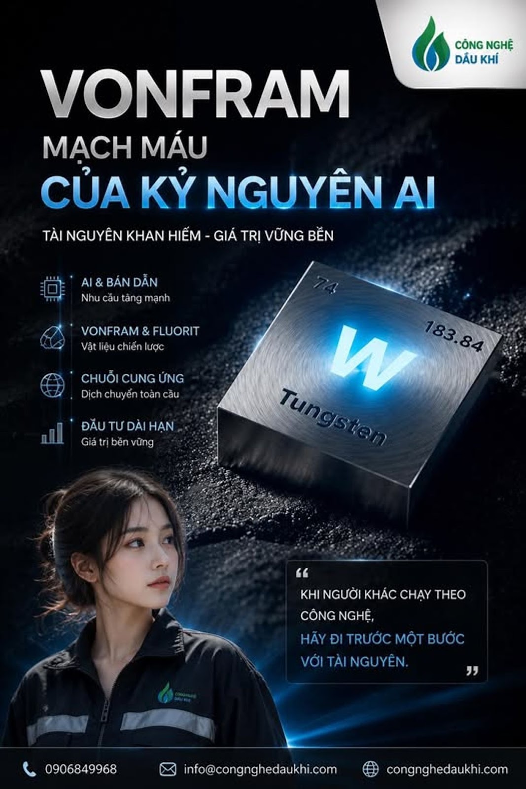 Có thể là hình ảnh về văn bản cho biết 'CÔNG NGHỆ DẦU KHÍ VONFRAM MACH MÁU CỦA KỶ NGUYÊN AI TAI NGUYÊN KHAN HIẾM GIÁ TRỊ VỮNG BỂN AI& & BÁN DẪN Nhu cău tâng mạnh VONFRAM & FLUORIT Vật liệu chiến lược CHUỖICUNGỨNG CHUỐI CUNG ỨNG Dịchchuyến oần Dịchchuyếntoàncầu cầu ĐĂU τυ DÀI HẠN Giá trị ben vững w Tungsten Tungistar " KHINGƯỜIKHÁCCHAYTHEO KHI NGƯỜI KHÁC CHẠY THEO CÔNG CÔNGNGHỆ, NGHỆ, HÃY HÃYĐITRƯỚCMỘTBƯỚC ĐI MỘT BƯỚC VỚI ỚITÀINGUYÊN. TÀI AW " MO 0906849968 info@congnghedaukhi.com congnghedaukhi.com'