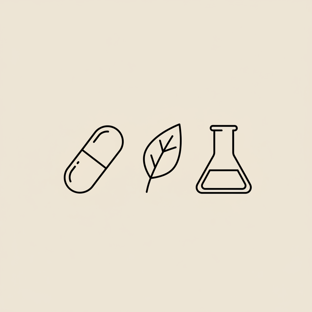 Minimal Tonum-style vector line illustration of a capsule, leaf, and lab beaker on a beige background illustrating what is the closest supplement to ozempic