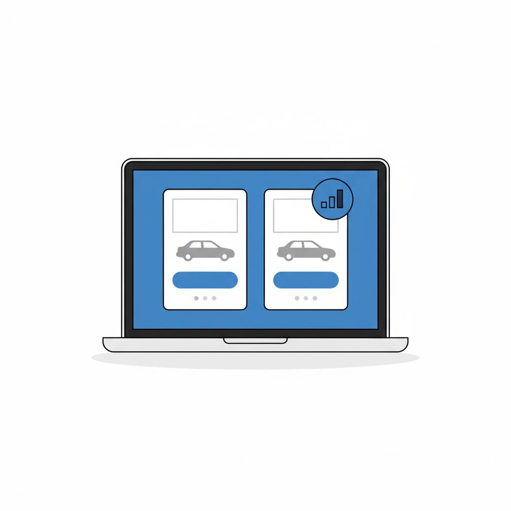 Two side by side car listings on a laptop screen for used toyota corolla for sale one listing shows a blue price analysis badge and the other does not minimal vector layout