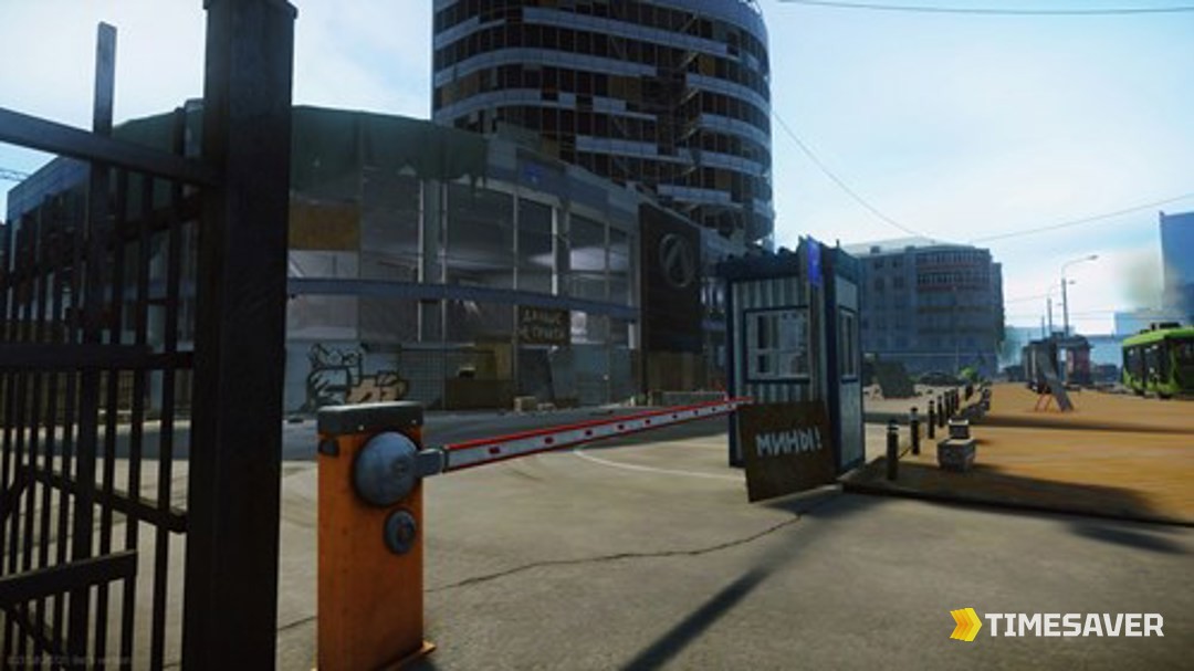 LexOs car dealership entrance on Streets of Tarkov, Kaban's area, with the mined approach