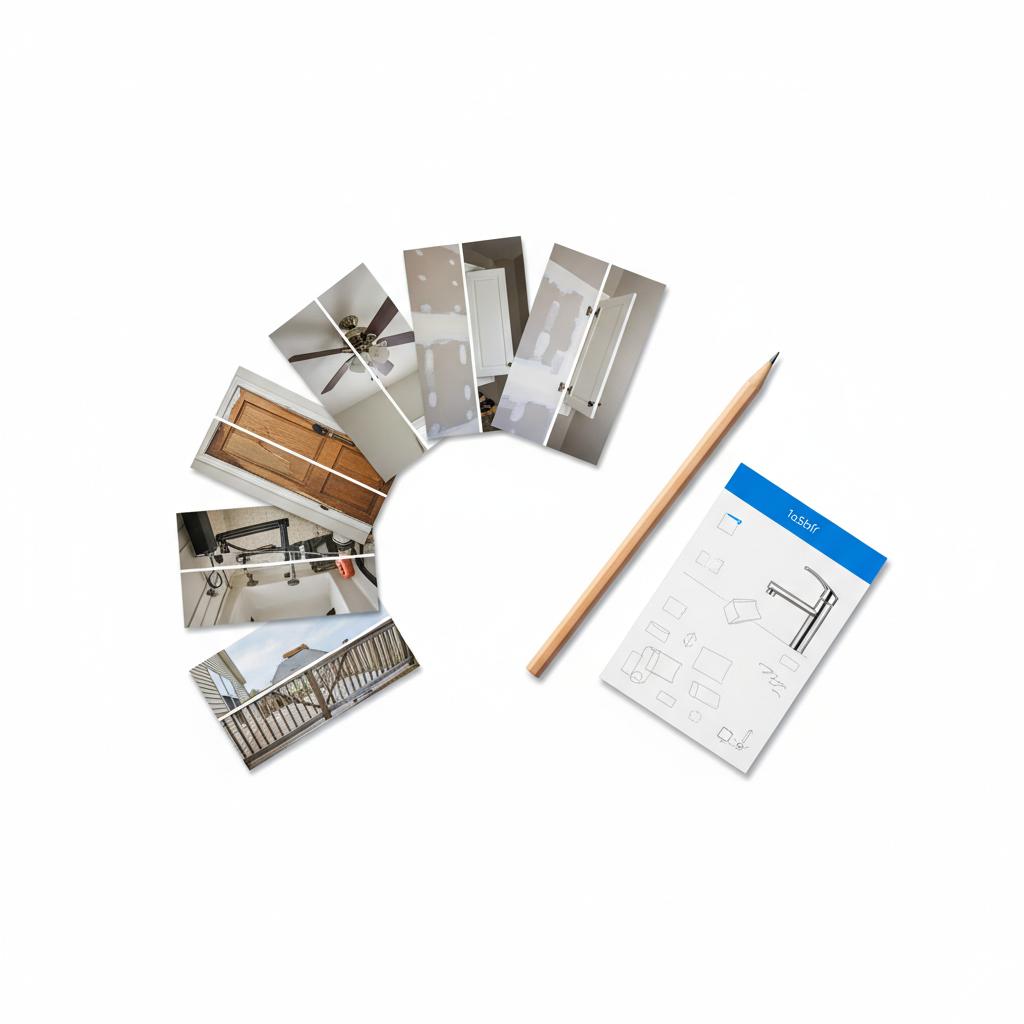 Minimal flat-lay of six before-and-after handyman photo cards fanned on white background with pencil and notepad accent, for Thumbtack for handymen