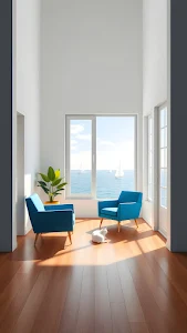 Minimalist Interior with Blue Armchairs and Ocean View