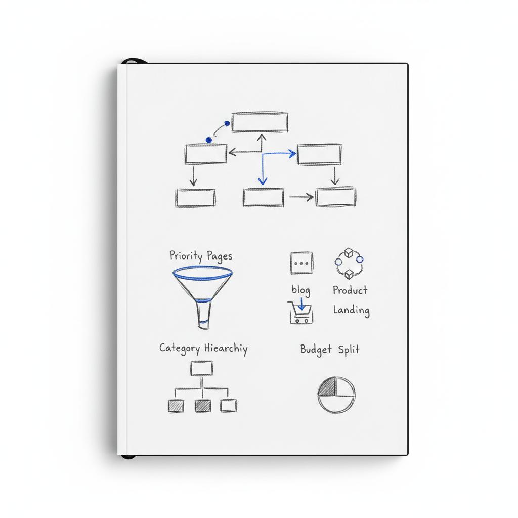 Close-up planner page with hand-sketched site-architecture diagram and internal linking flow; Google ranking expert planning visual with accent blue highlights