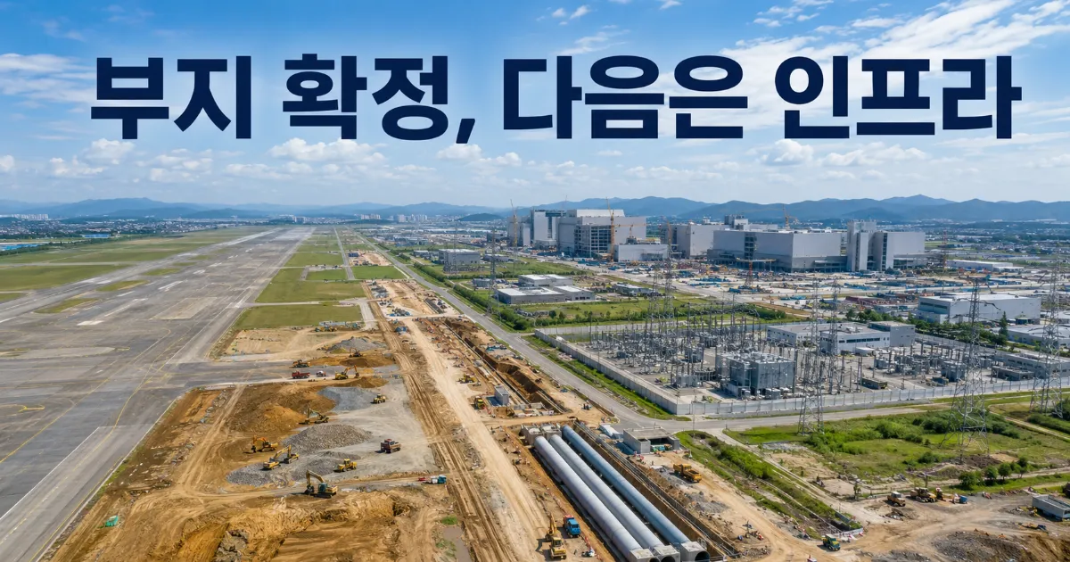 광주 군공항 부지에 반도체 산업단지가 조성되는 과정에서 부지와 전력 용수 인프라 흐름을 보여주는 장면