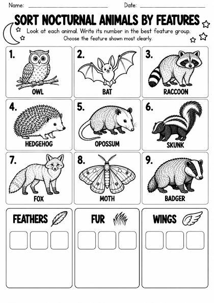 Nocturnal Animal Wings Fur or Feathers Sort Worksheet