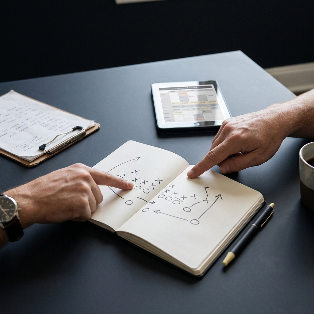 Close up of coaches hands reviewing a playbook in a dim minimalist meeting room illustrating How Short Weeks Influence NFL Performance