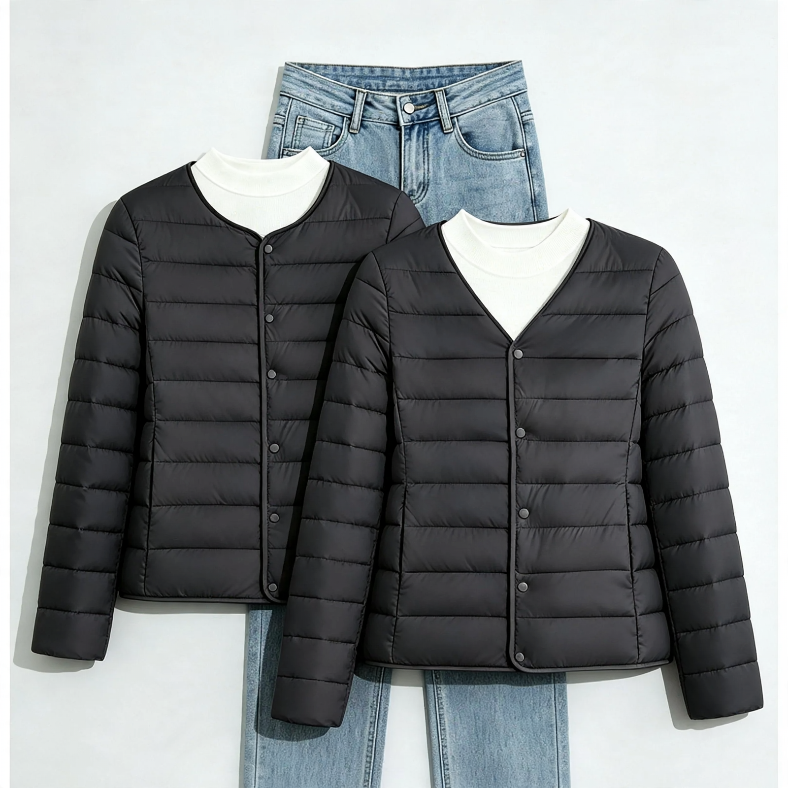 Lightweight, short women's padded jacket without a collar