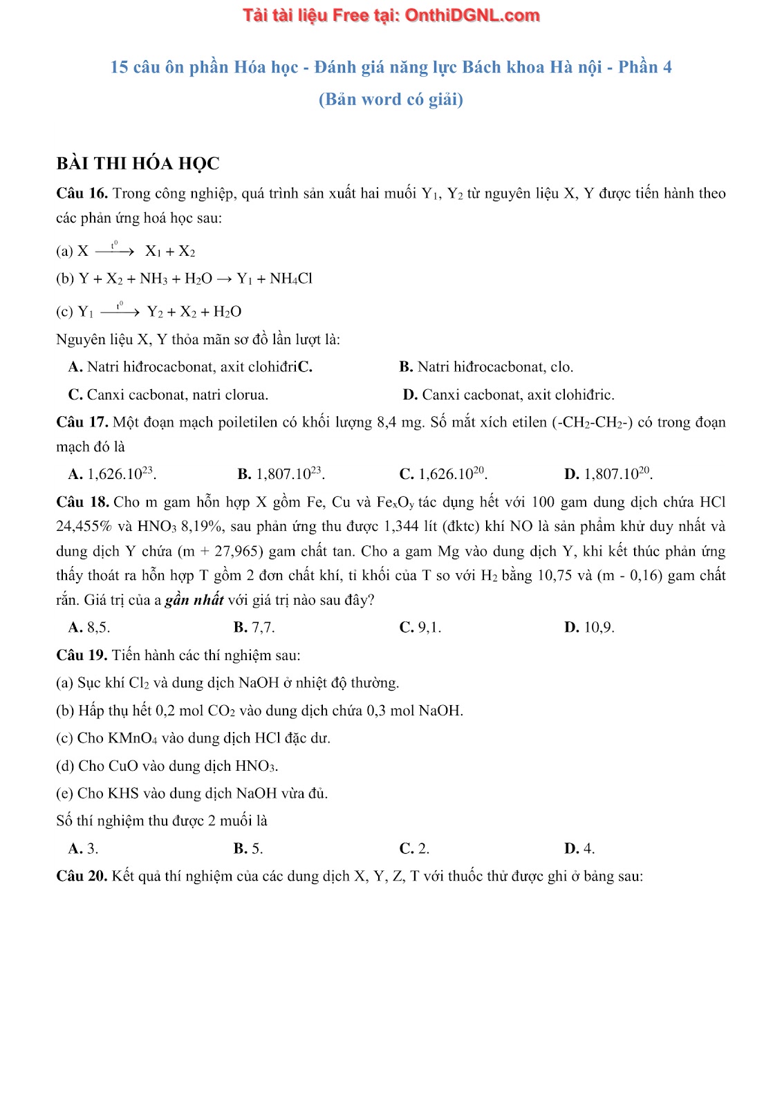 135 bài tập môn Hóa học - Ôn thi ĐGNL Bách khoa Hà nội Phần 4