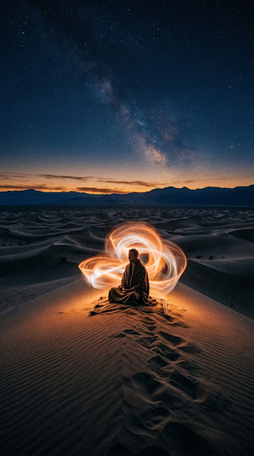 Solitary Figure Meditating in Desert with Glowing Orange Aura at Twilight - Free mobile Wallpaper