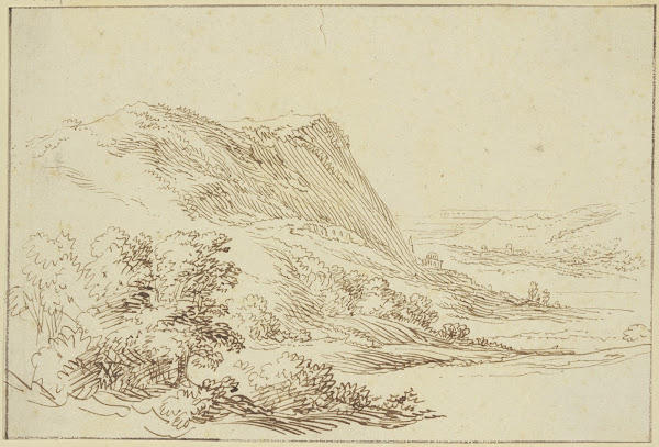 Landschaft links ein Berg und Sträucher rechts ein Tal im Hintergrund