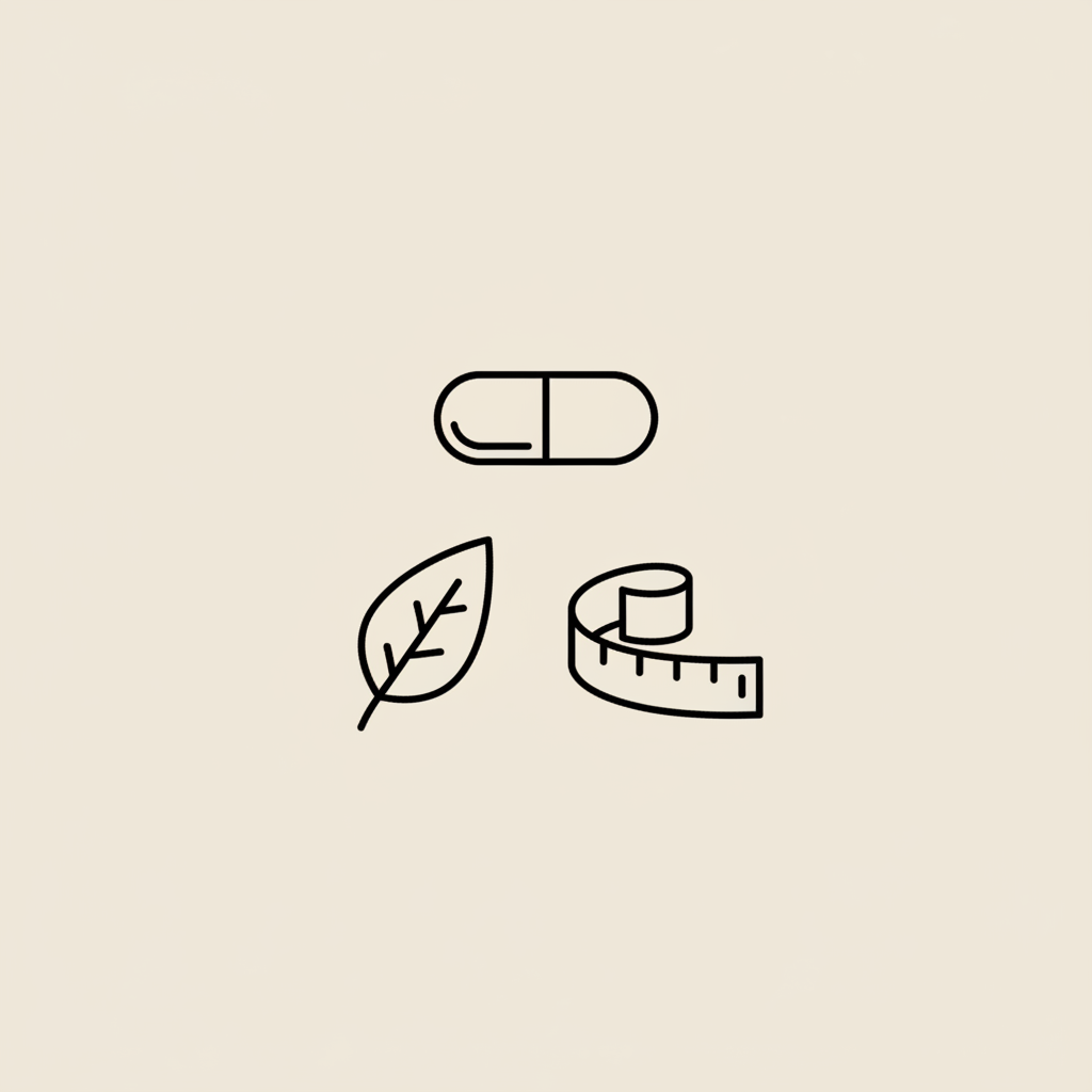 Minimal Tonum-style line illustration of a capsule, leaf, and waist measuring tape representing supplements for belly fat on a beige background.