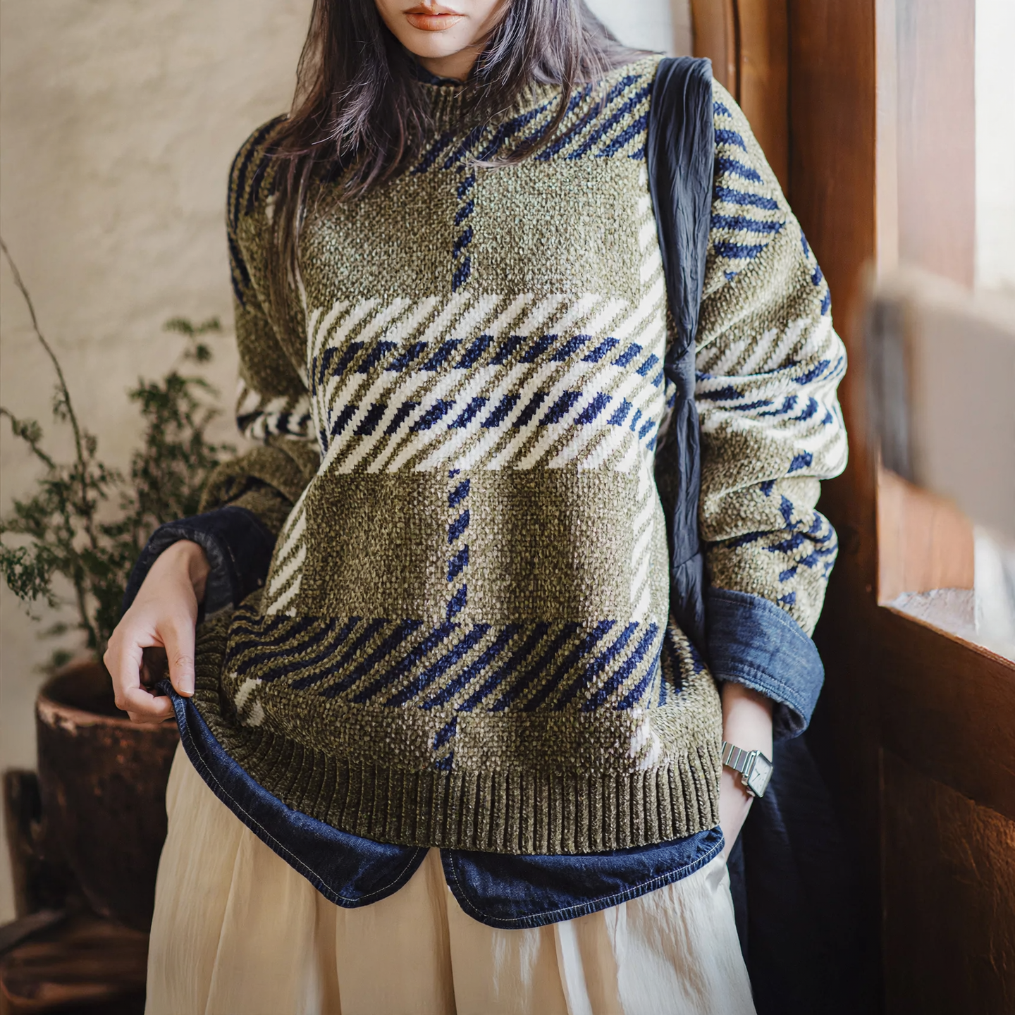 Women's Knit Sweater, Chenille, Checked, Loose