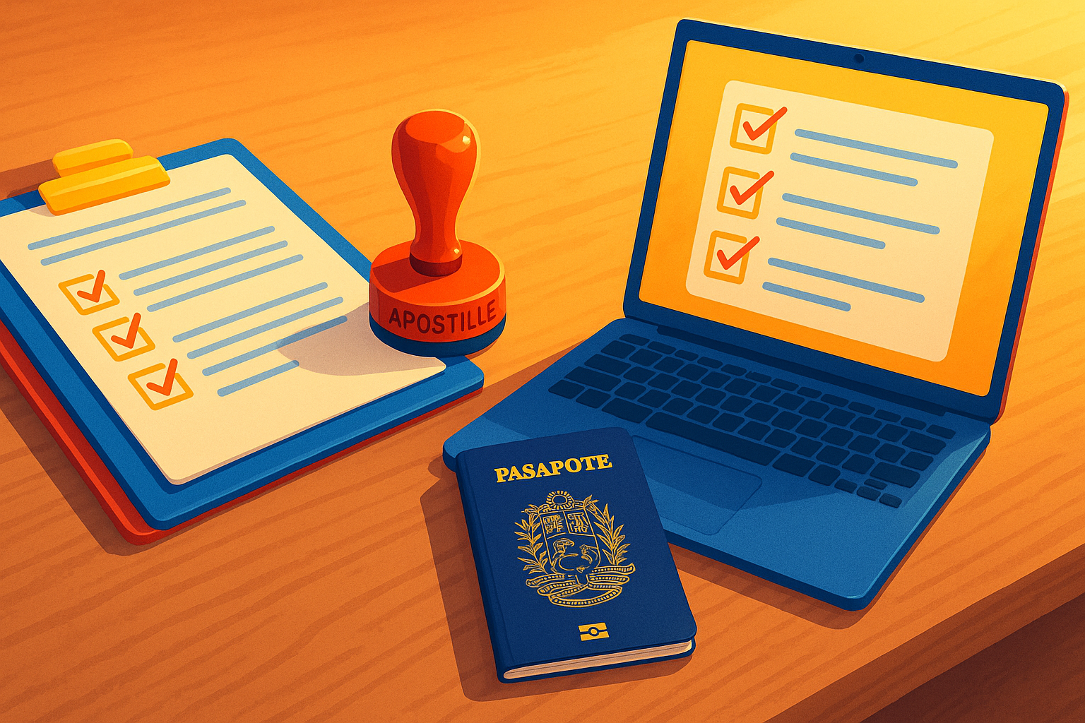 Carpeta migrante con documentos apostillados y pasaporte venezolano en mesa de trabajo
