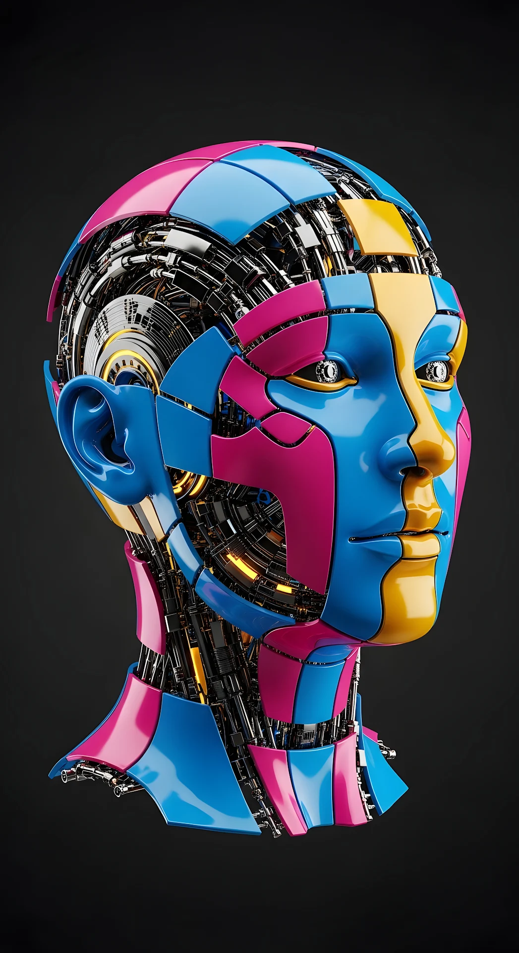 CMYK Colored Cybernetic Android Head Structure - Free 4K mobile Wallpaper