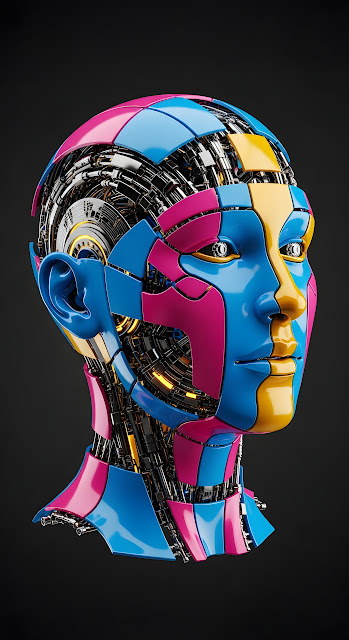 CMYK Colored Cybernetic Android Head Structure - Free mobile Wallpaper