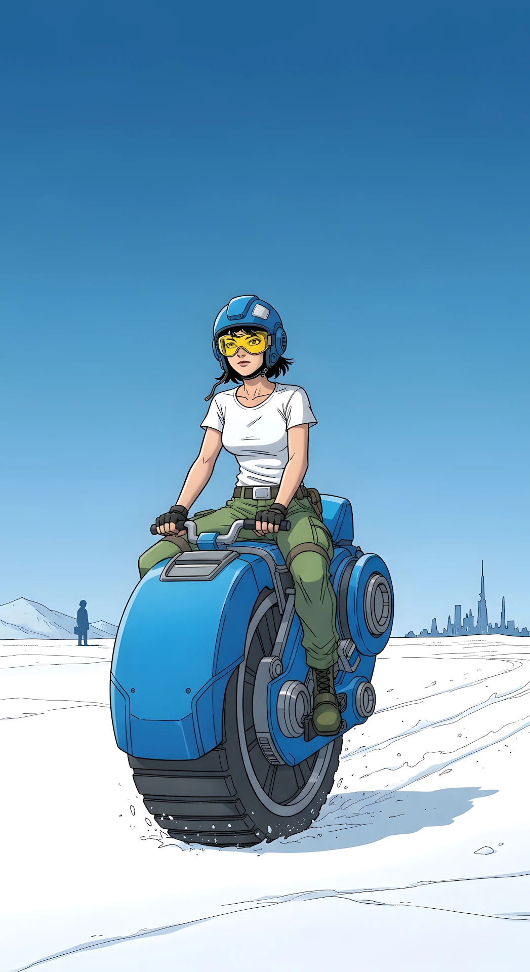 Sci-Fi Female Pilot on Blue Monowheel in Snow Landscape - Free 4K mobile Wallpaper