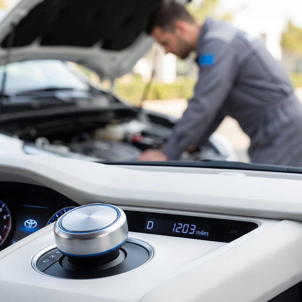 Close up car dashboard showing gear selector and odometer during a test drive with mechanic inspecting hood in background used toyota highlander for sale