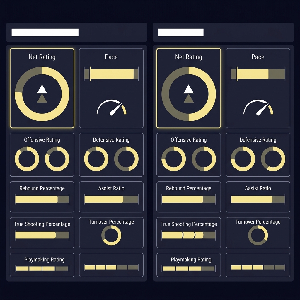 Minimal 2D vector screenshot style comparison of two team advanced stats panels visually highlighting Net Rating and Pace with accent color for emphasis clippers prediction