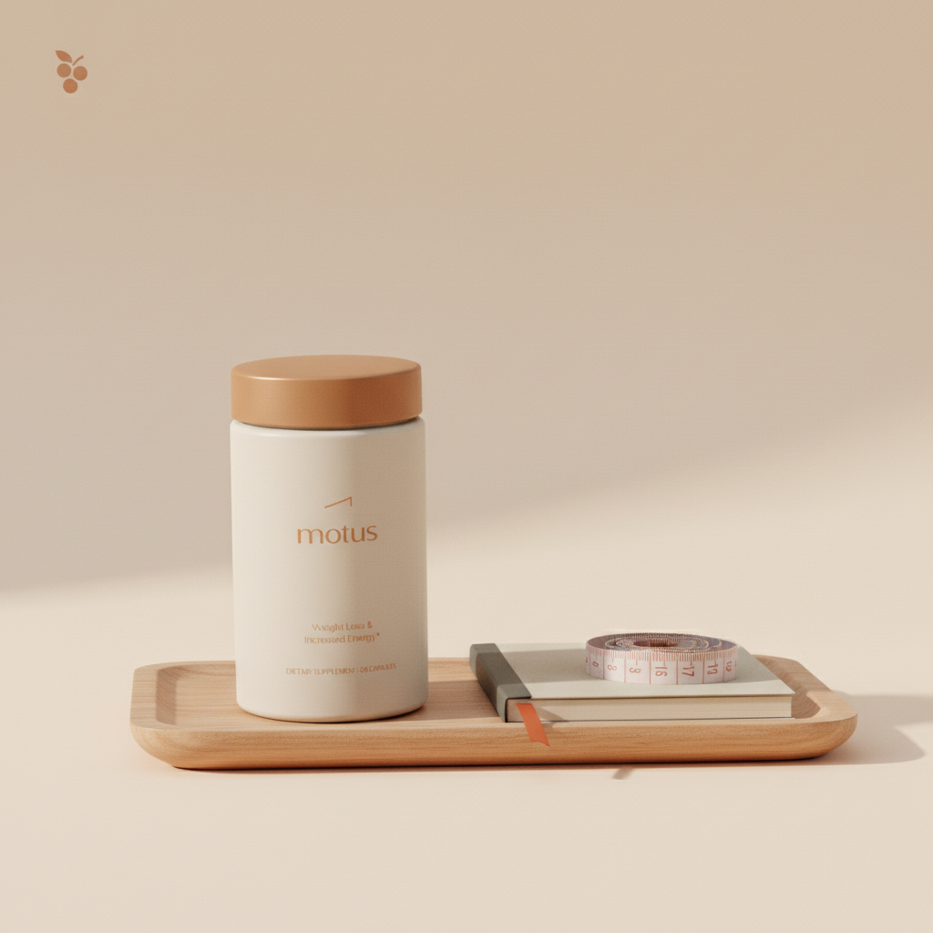 Motus supplement jar on wooden tray beside notebook and measuring tape in a minimalist Tonum scene showing how much weight can I lose on CLA