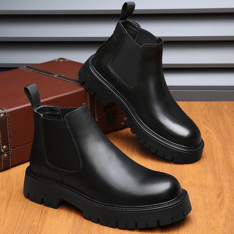Herren-Stiefeletten, Leder, mittelhoher Absatz, rundes Design