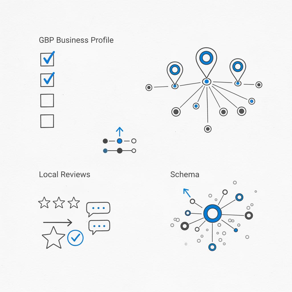 Notebook-style sketch of a local SEO roadmap for law firms with GBP checklist, citation consistency map, review and schema icons showing how do lawyers advertise their services