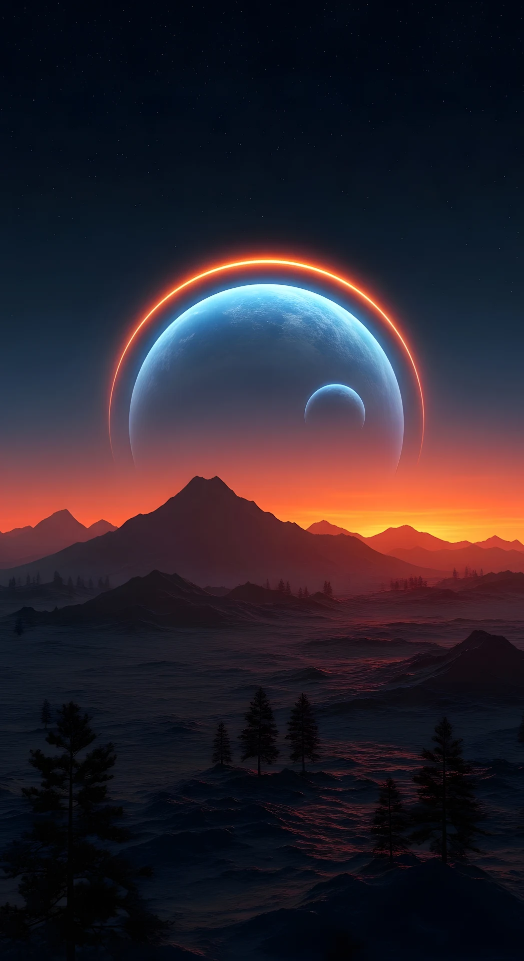 Dramatic Sunset on Alien World with Orange Ring Planet - Free 4K mobile Wallpaper