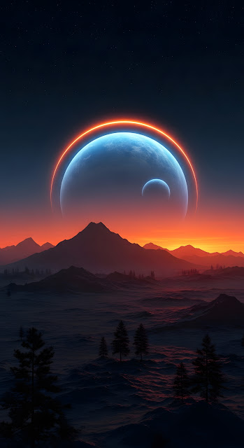 Dramatic Sunset on Alien World with Orange Ring Planet - Free mobile Wallpaper