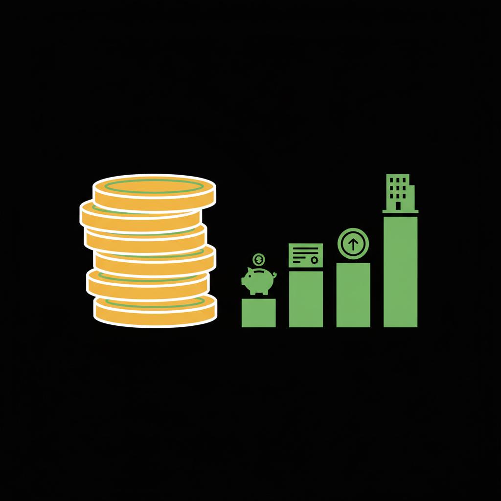Minimalist 2D vector of stacked coins next to a small bar chart with icons for savings bonds dividend ETFs and REITs illustrating best ways to earn passive income