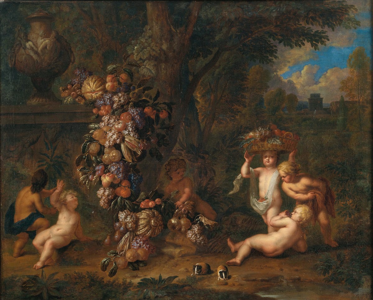 Landscape with six putti playing with a garland of fruit and two guinea pigs in