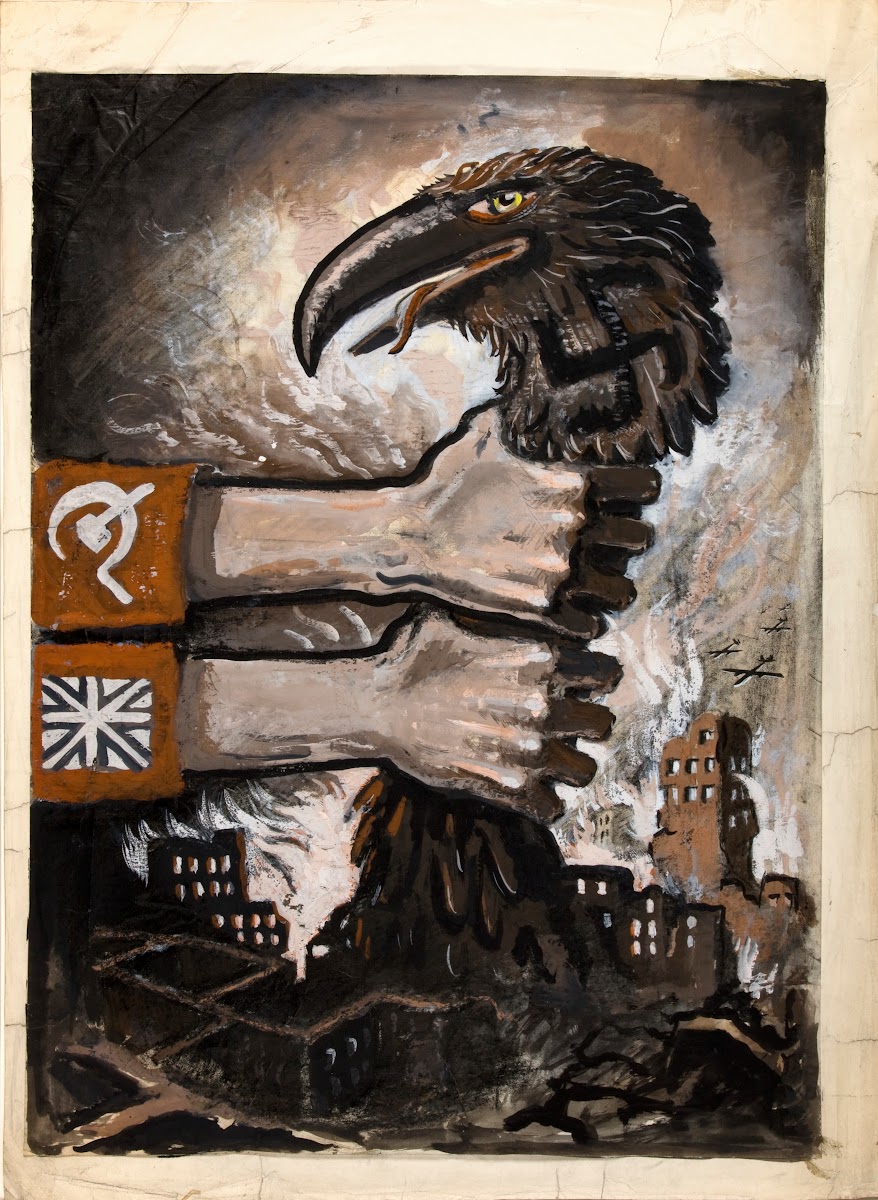 British and Soviet arms grasping neck of predatory bird arising from the ruins o