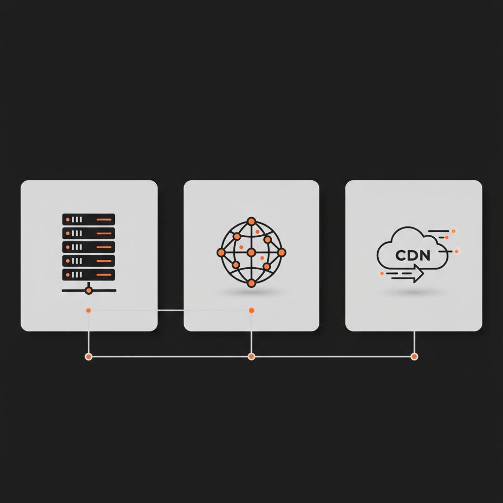 Minimal vector infographic of a server rack, globe, and CDN icon on black background with light-gray panels and orange accents — How much money does it cost to run Wikipedia?
