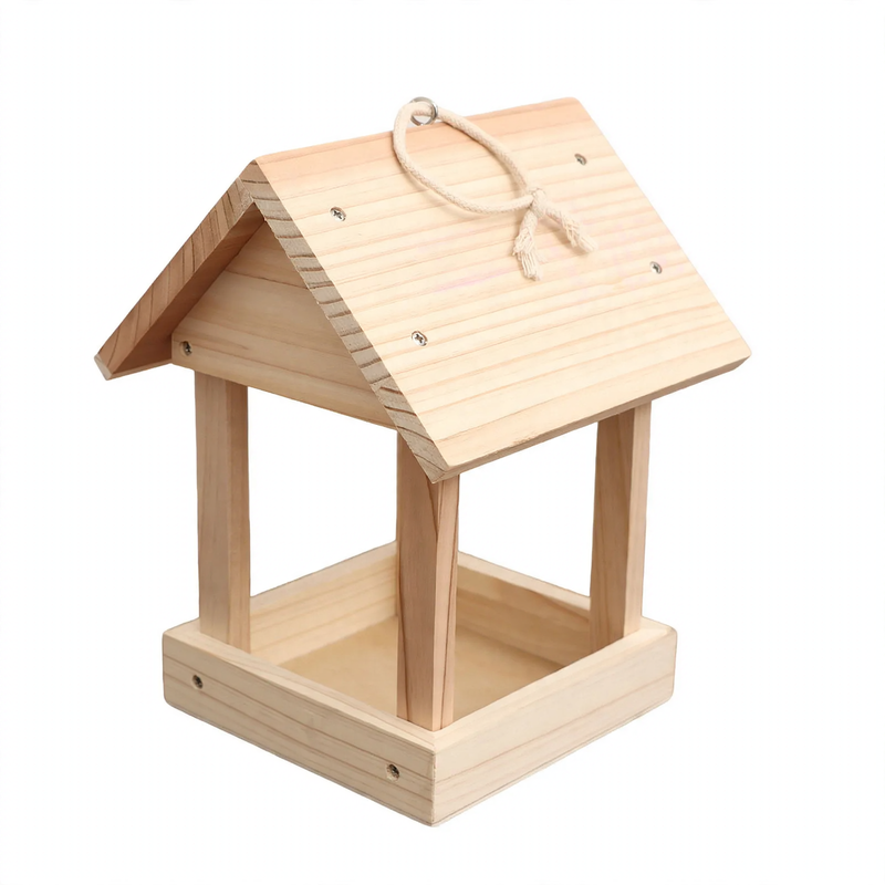 Open wooden birdhouse as a feeding station