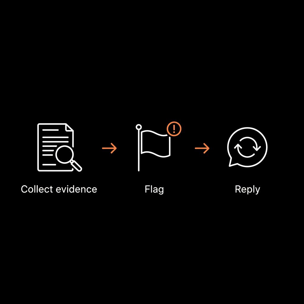 Minimal infographic showing steps collect evidence → flag → reply with flat vector icons on black background using Social Success Hub colors — will Google remove a review