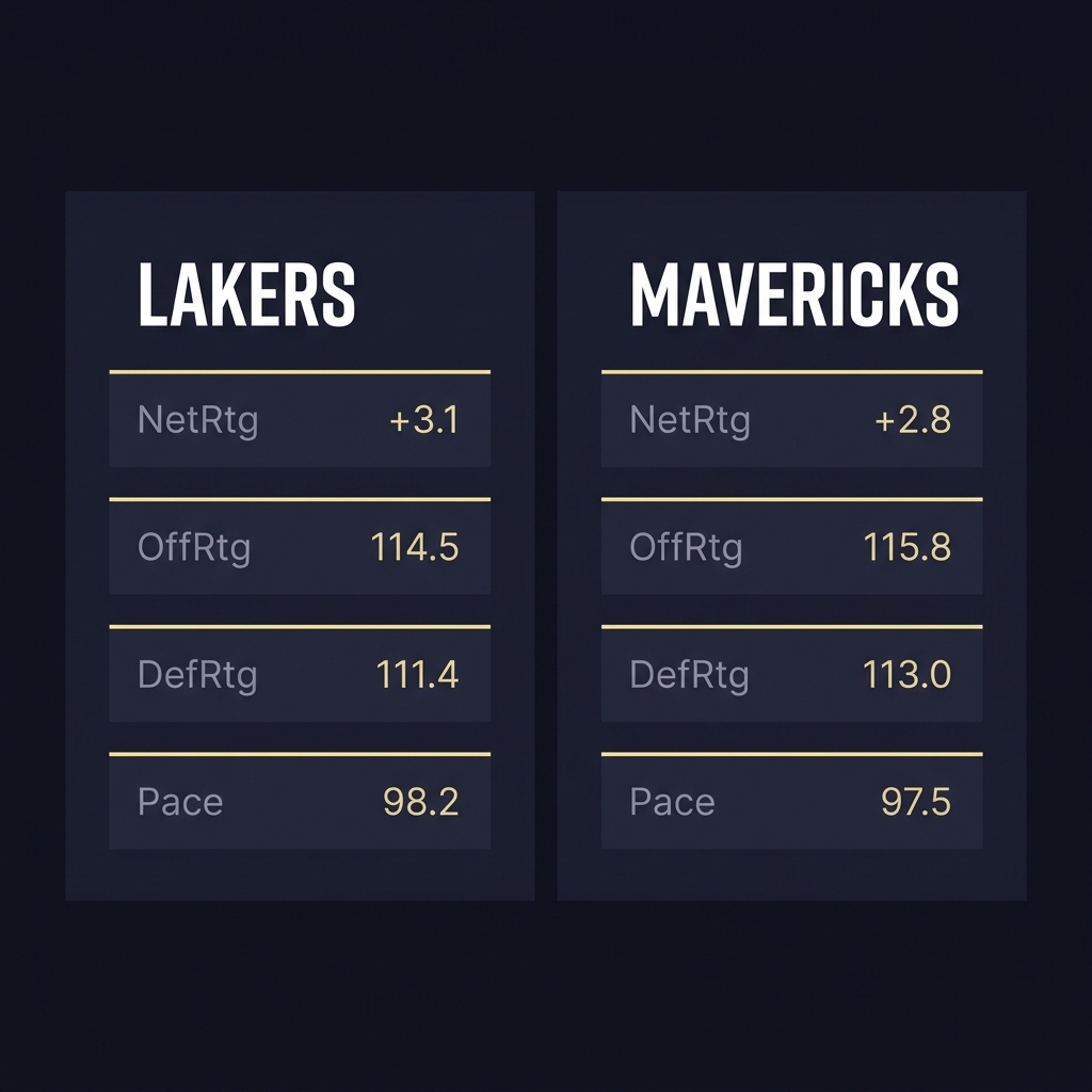 Side by side stat cards comparing Los Angeles Lakers and Dallas Mavericks showing NetRtg OffRtg DefRtg and Pace on a dark Funded Plays branded background dallas mavericks prediction