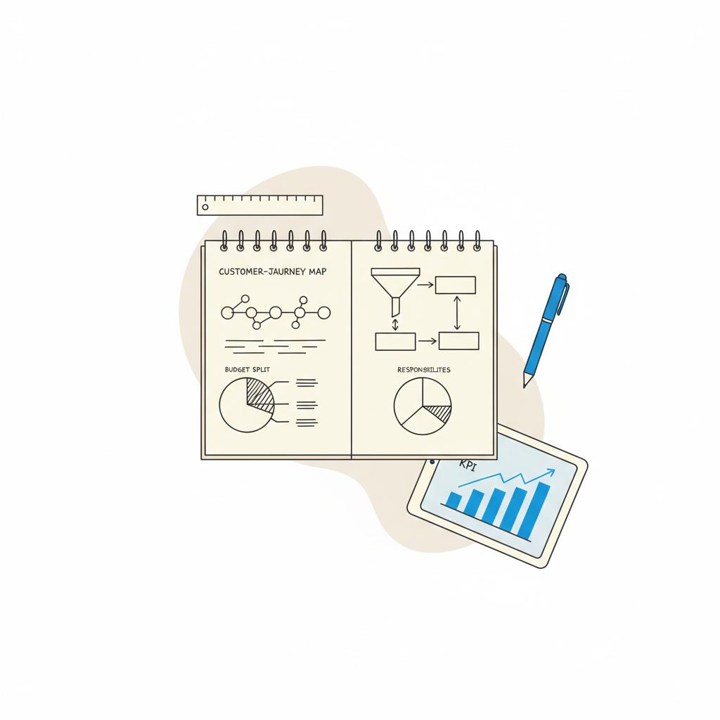 Minimal vector top-down desk scene with notebook workflow sketches, ruler, blue-accent pen and tablet showing a KPI chart for business expert planning