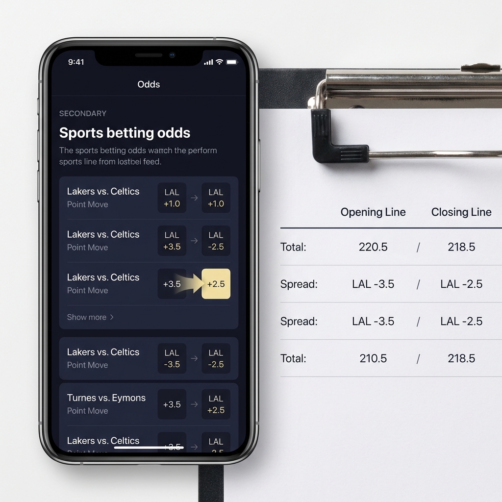 Close up of mobile odds feed and clipboard showing opening and closing numbers with an accent arrow indicating line moves in a minimalist Funded Plays style on deep navy background