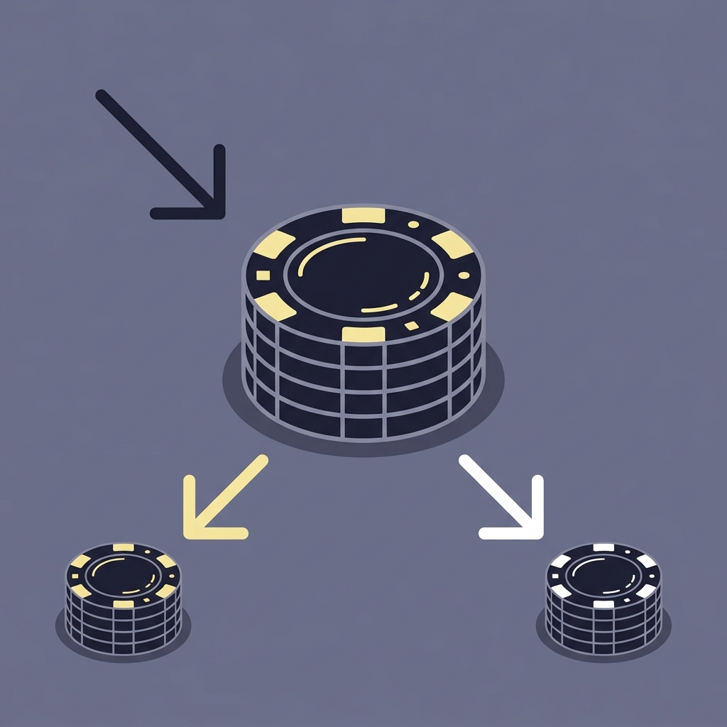 Minimalist 2D vector of a pooled pot of betting chips with arrows showing takeout and payouts for horse racing wagering