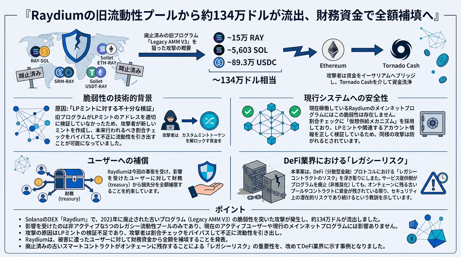 Raydiumの旧流動性プールから約134万ドルが流出、財務資金で全額補填へ