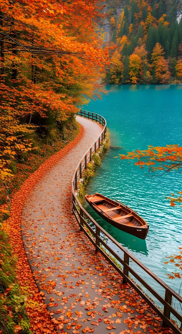 Autumn Path by Turquoise Lake with Moored Rowboat