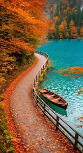 Autumn Path by Turquoise Lake with Moored Rowboat