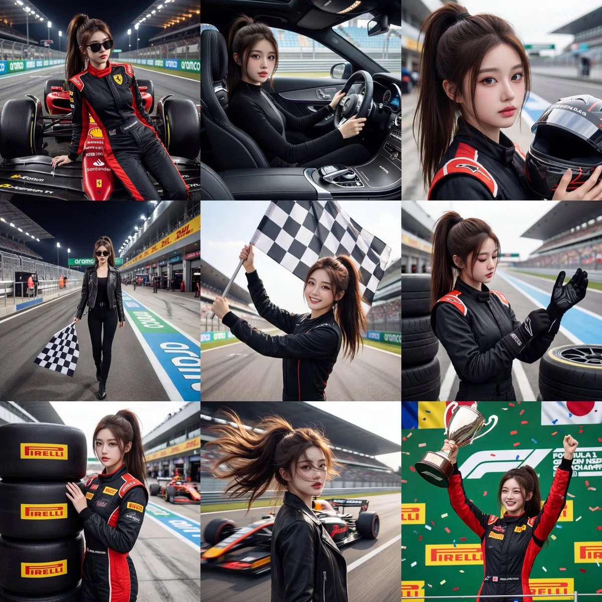 Crea un collage de fotos en cuadrícula de 3x3 con la estética glamurosa del automovilismo.