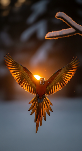 Dramatic Backlit Macaw Parrot in Flight with Golden Sunset Light - Free mobile Wallpaper