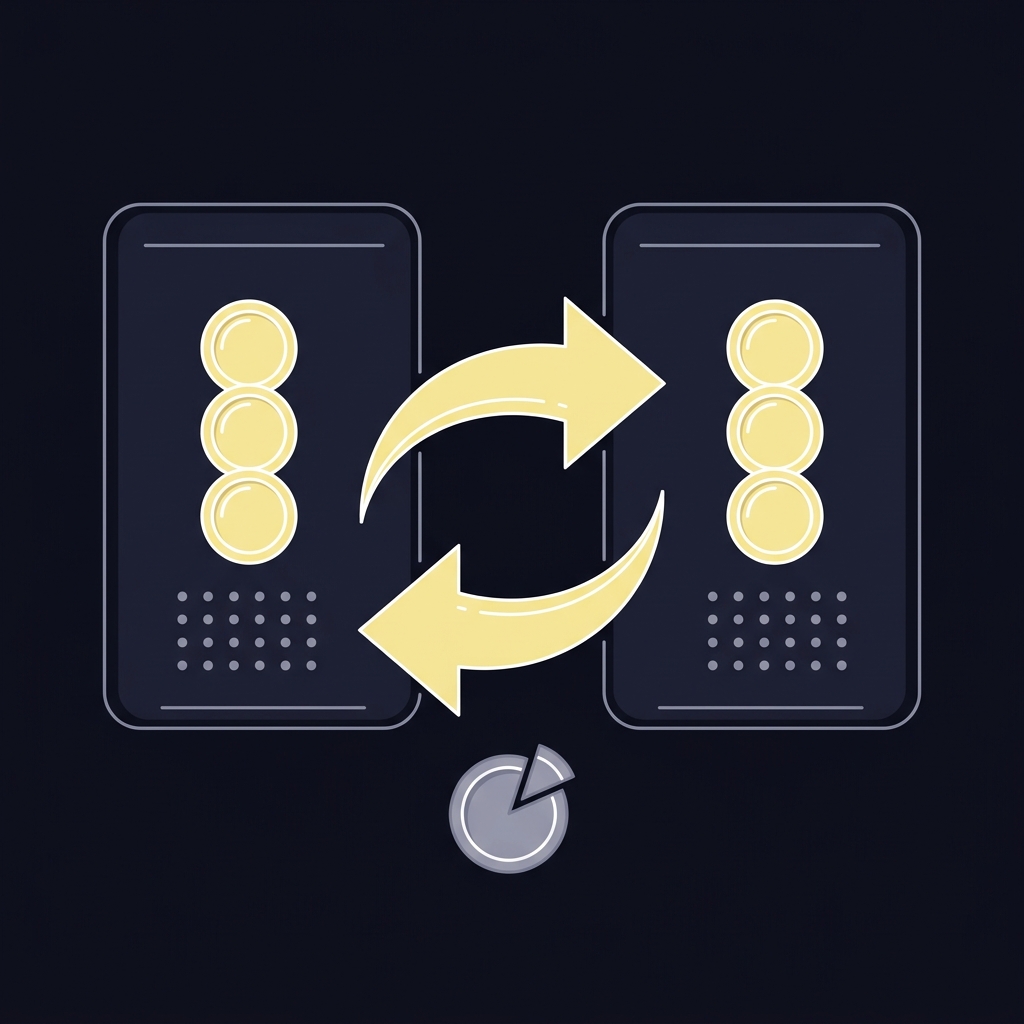 Minimalist 2D vector of two opposing digital betting cards with arrows showing matched bets and a small commission deduction icon in Funded Plays colors for horse racing wagering