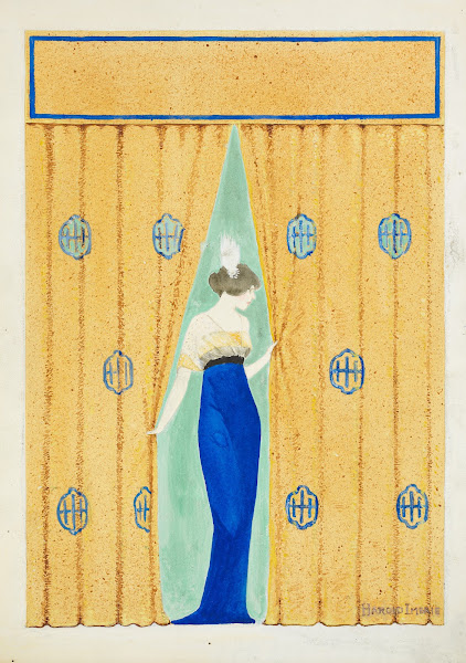 A woman in a fancy dress comes through curtains
