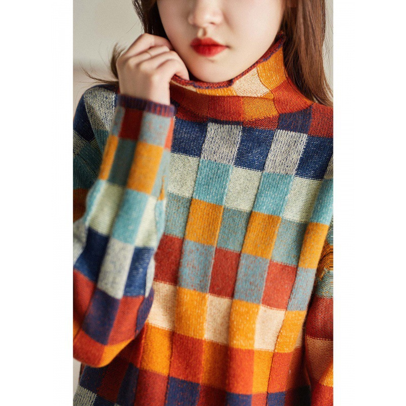 Women's Knit Sweater, Checkered Pattern, Roll Collar