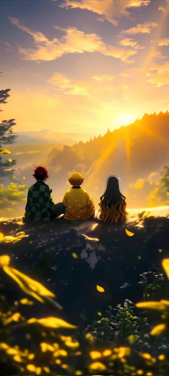 Demon Slayer Trio Watching Sunset - Anime Digital Art Full HD iPhone Wallpaper (1080x2401)